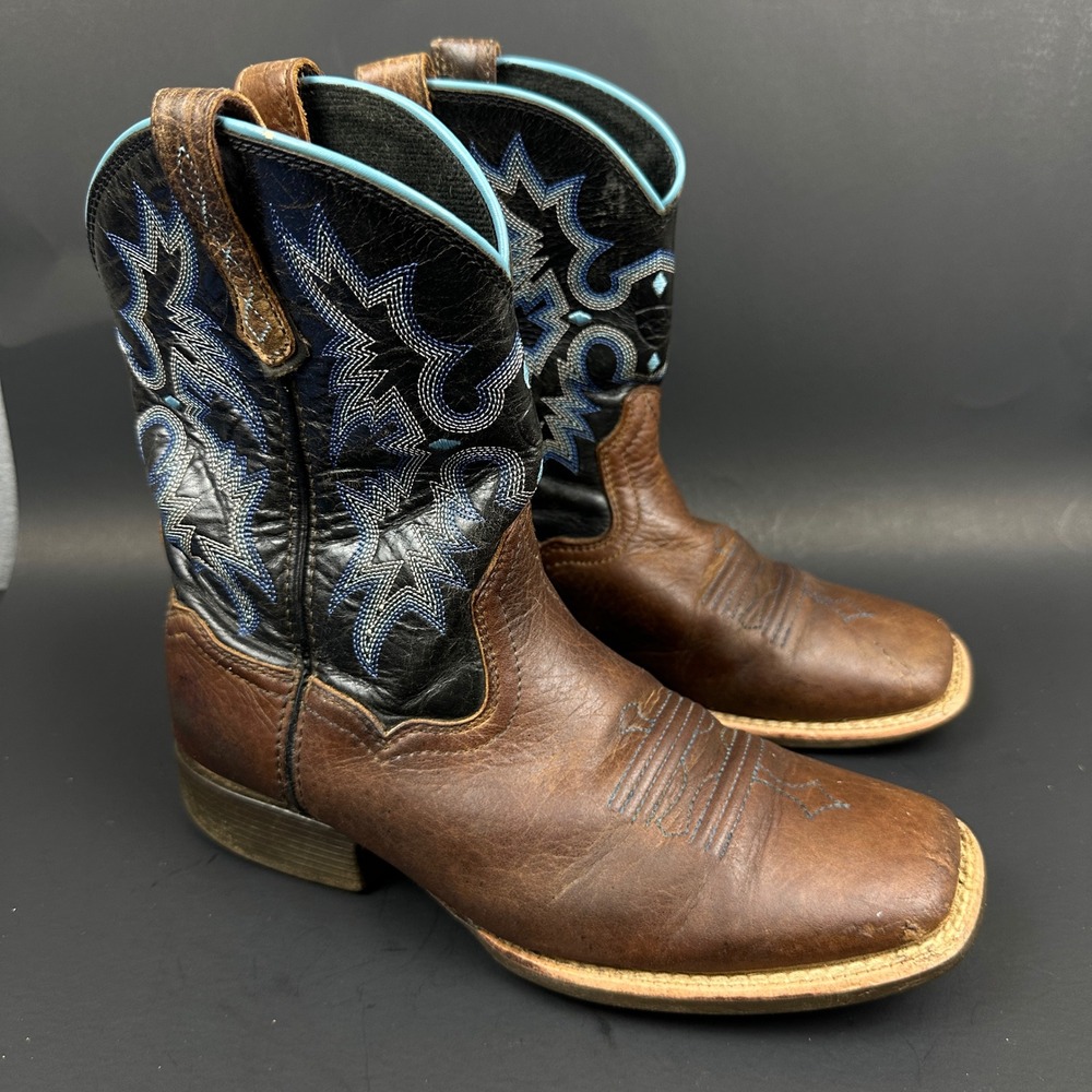 Ariat Brown Black Leather Western Boots Square Toe Blue Stitching Kids Size 4